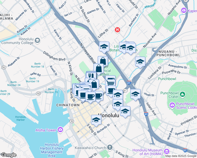 map of restaurants, bars, coffee shops, grocery stores, and more near 1315 River Street in Honolulu