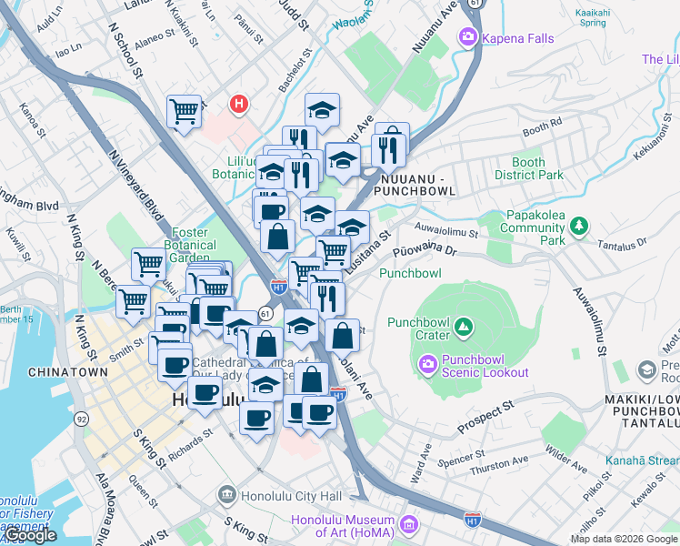 map of restaurants, bars, coffee shops, grocery stores, and more near 1664 Lusitana Street in Honolulu