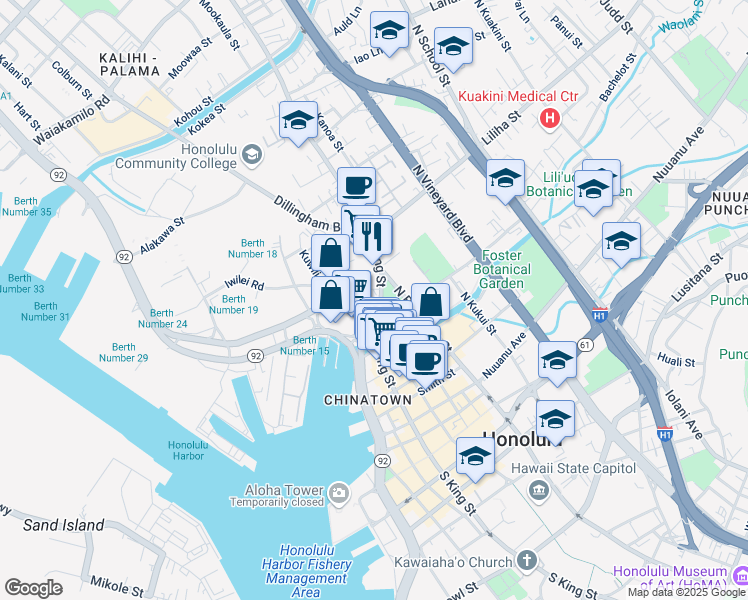 map of restaurants, bars, coffee shops, grocery stores, and more near 333 North King Street in Honolulu