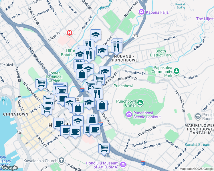 map of restaurants, bars, coffee shops, grocery stores, and more near 1712 Kamamalu Avenue in Honolulu