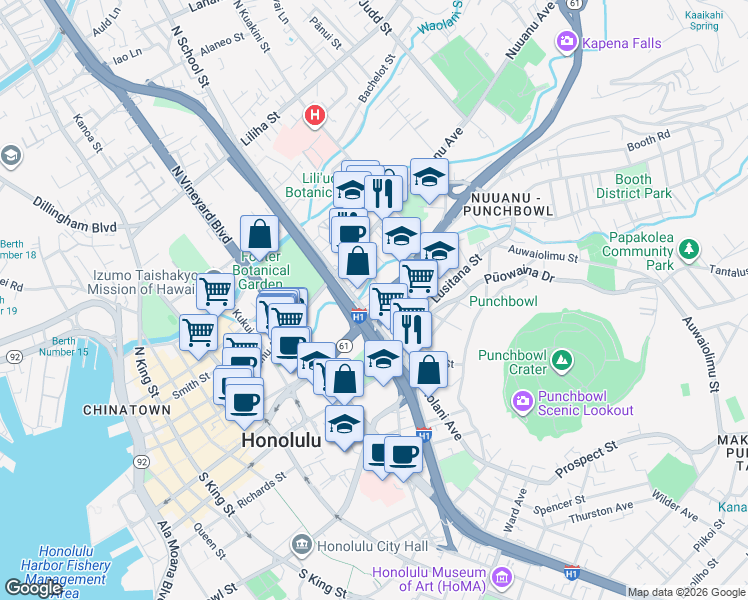 map of restaurants, bars, coffee shops, grocery stores, and more near 60 South School Street in Honolulu