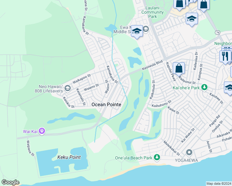 map of restaurants, bars, coffee shops, grocery stores, and more near 91-1042 Kaiuliuli Street in Ewa Beach