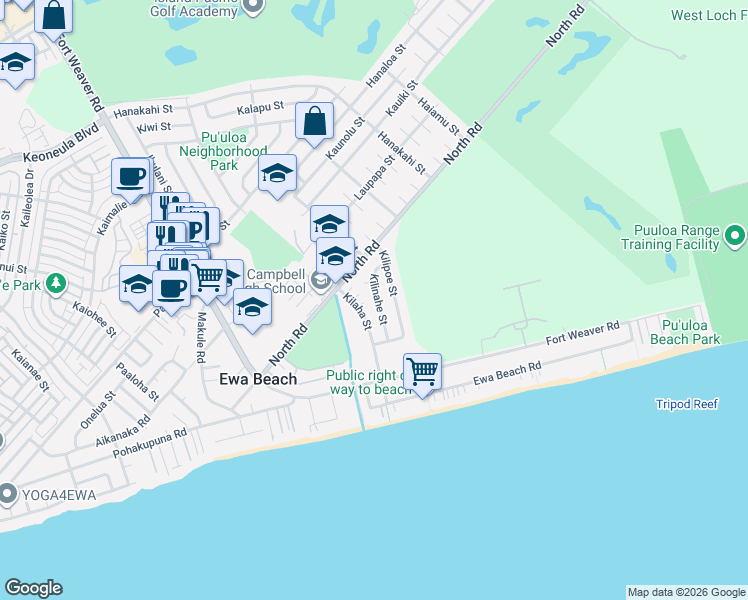 map of restaurants, bars, coffee shops, grocery stores, and more near 91-695 Kilaha Street in Ewa Beach