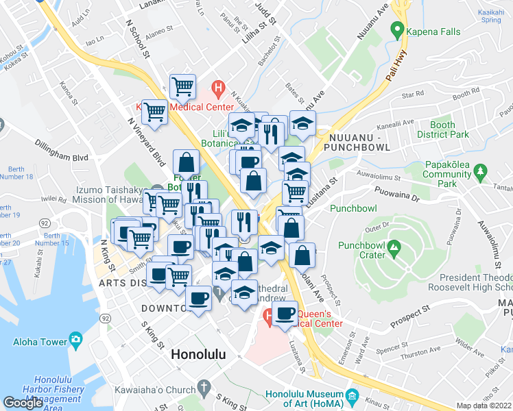 map of restaurants, bars, coffee shops, grocery stores, and more near 60 South School Street in Honolulu