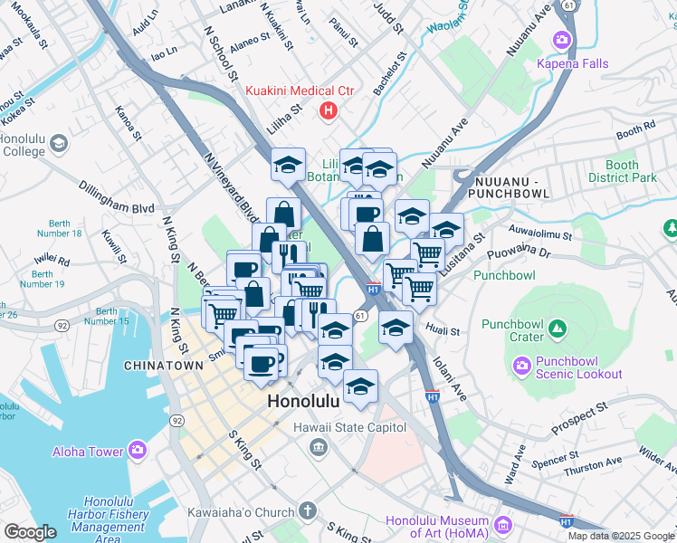 map of restaurants, bars, coffee shops, grocery stores, and more near in Honolulu