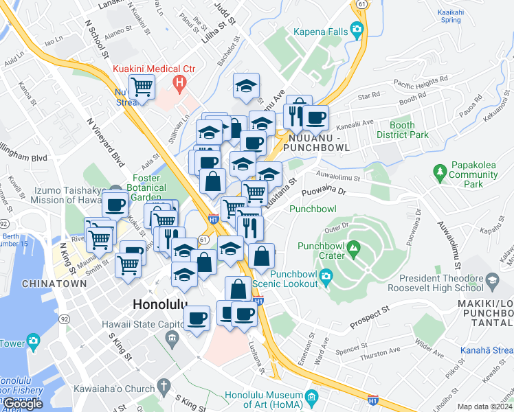 map of restaurants, bars, coffee shops, grocery stores, and more near 132 Milo Lane in Honolulu