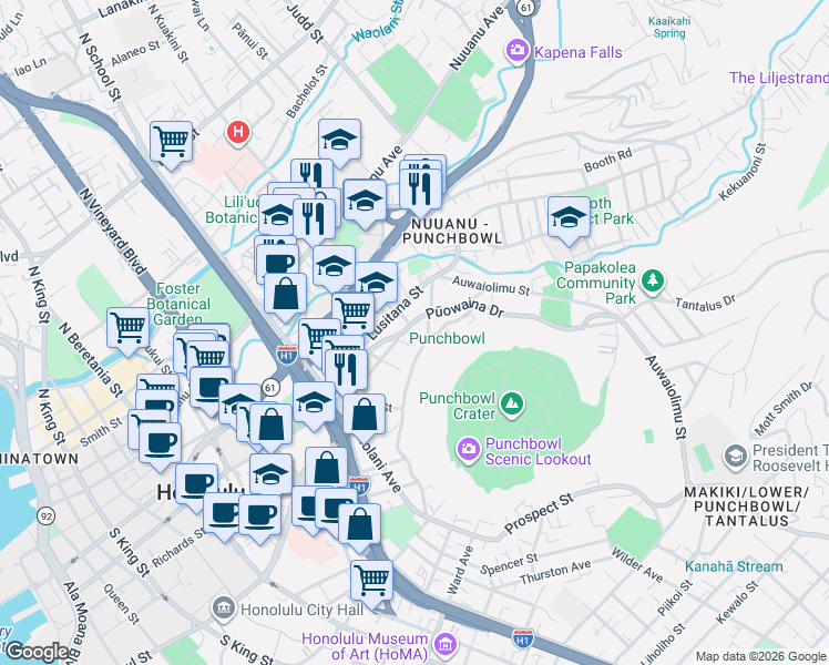 map of restaurants, bars, coffee shops, grocery stores, and more near 128 Prospect Street in Honolulu