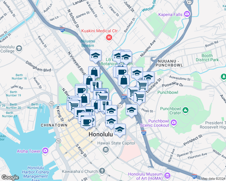 map of restaurants, bars, coffee shops, grocery stores, and more near 1519 Nuuanu Avenue in Honolulu