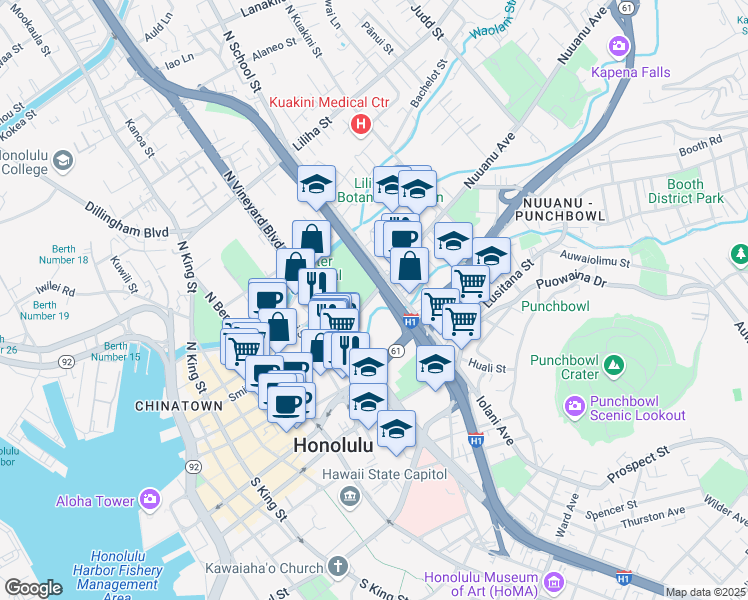 map of restaurants, bars, coffee shops, grocery stores, and more near in Honolulu