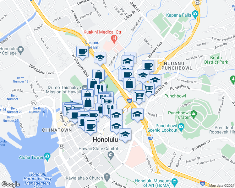 map of restaurants, bars, coffee shops, grocery stores, and more near in Honolulu