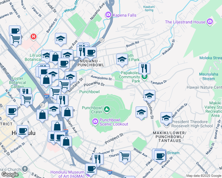 map of restaurants, bars, coffee shops, grocery stores, and more near 1986A Puowaina Drive in Honolulu