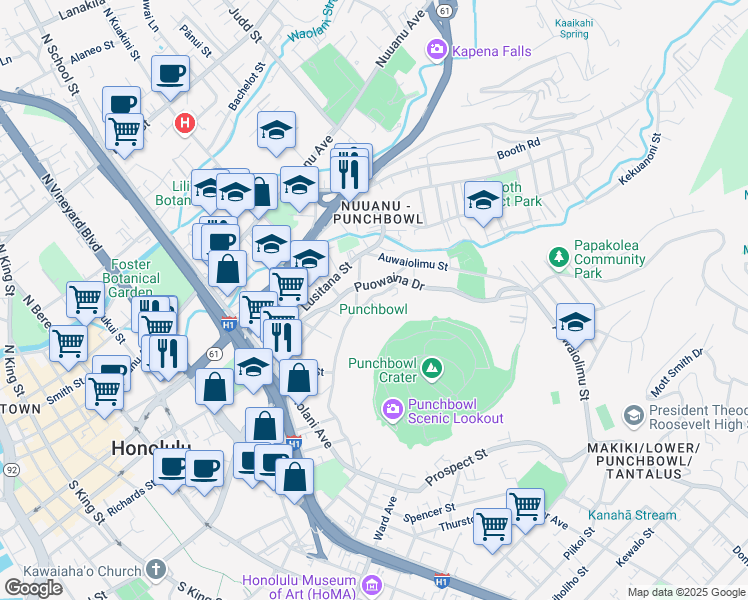 map of restaurants, bars, coffee shops, grocery stores, and more near 1867 Puowaina Drive in Honolulu