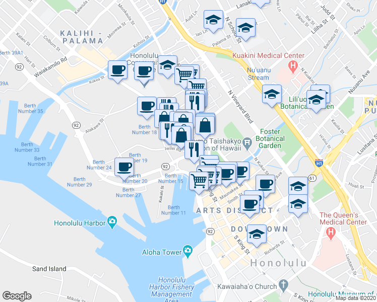 map of restaurants, bars, coffee shops, grocery stores, and more near 505 Kaaahi Street in Honolulu