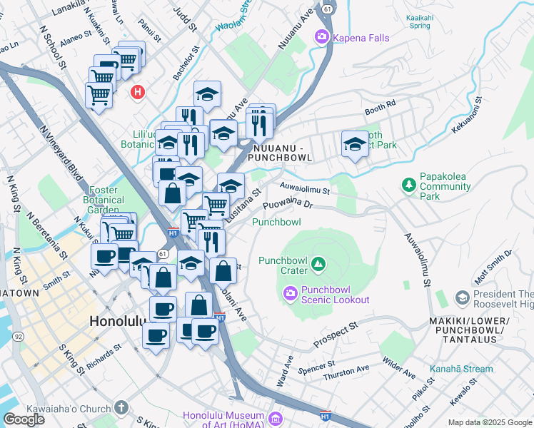 map of restaurants, bars, coffee shops, grocery stores, and more near 233 San Antonio Avenue in Honolulu