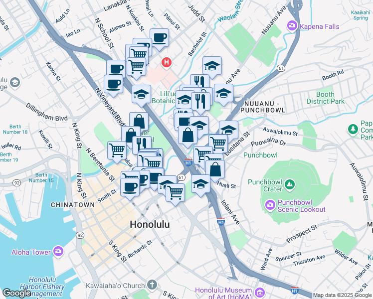 map of restaurants, bars, coffee shops, grocery stores, and more near in Honolulu