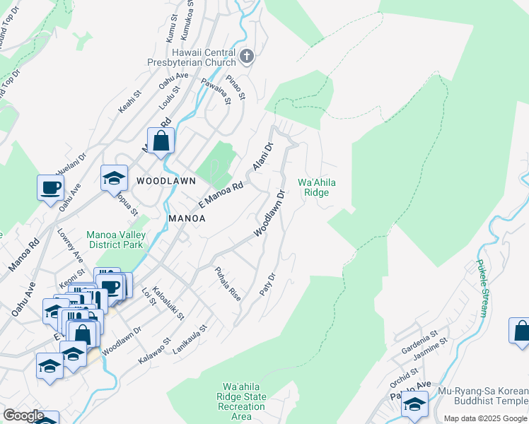 map of restaurants, bars, coffee shops, grocery stores, and more near 3498 Alani Drive in Honolulu