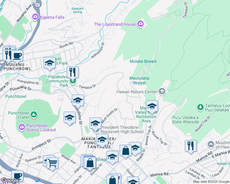 map of restaurants, bars, coffee shops, grocery stores, and more near 2507 Tantalus Drive in Honolulu