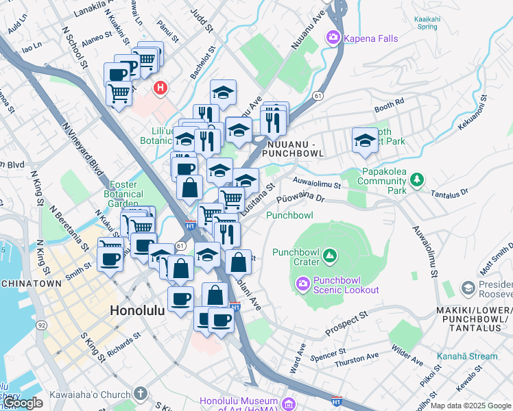 map of restaurants, bars, coffee shops, grocery stores, and more near 135 South Kuakini Street in Honolulu