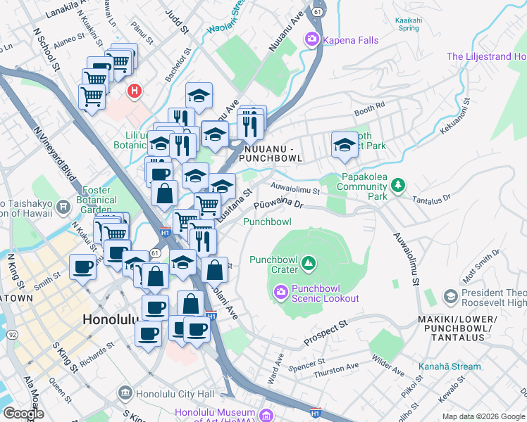 map of restaurants, bars, coffee shops, grocery stores, and more near 233 San Antonio Avenue in Honolulu