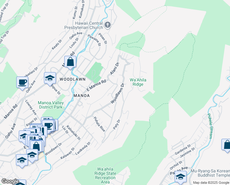 map of restaurants, bars, coffee shops, grocery stores, and more near 3498 Alani Drive in Honolulu