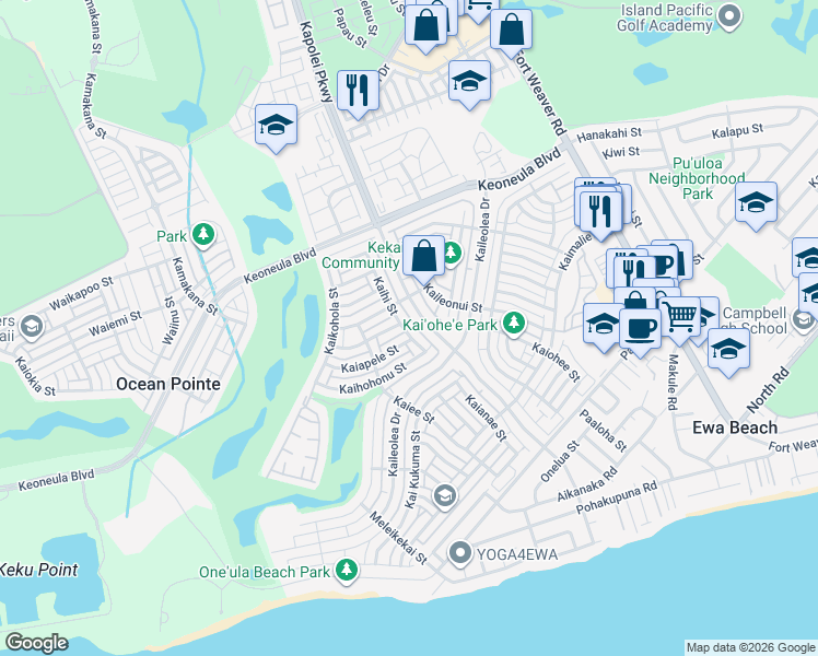map of restaurants, bars, coffee shops, grocery stores, and more near 91-1002 Kaiamaloo Street in Ewa Beach