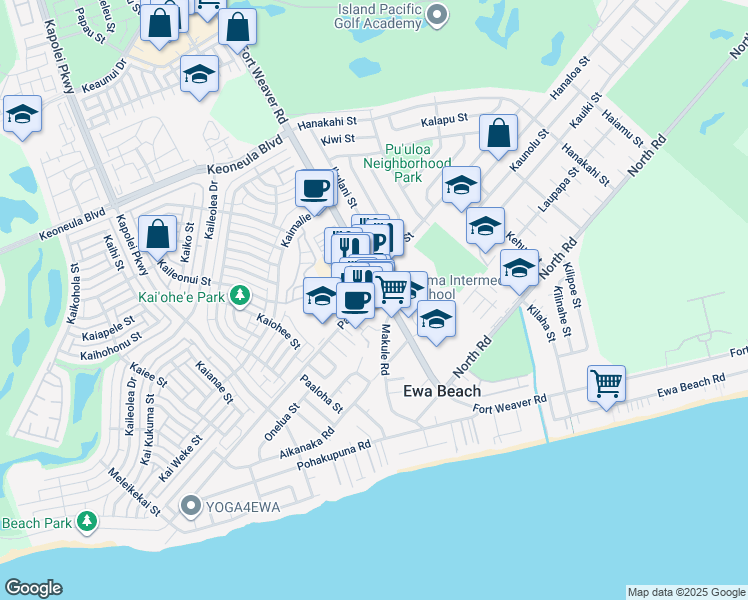 map of restaurants, bars, coffee shops, grocery stores, and more near 91-924A Makule Road in Ewa Beach