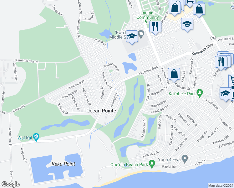 map of restaurants, bars, coffee shops, grocery stores, and more near 91-1009 Kaiuliuli Street in Ewa Beach