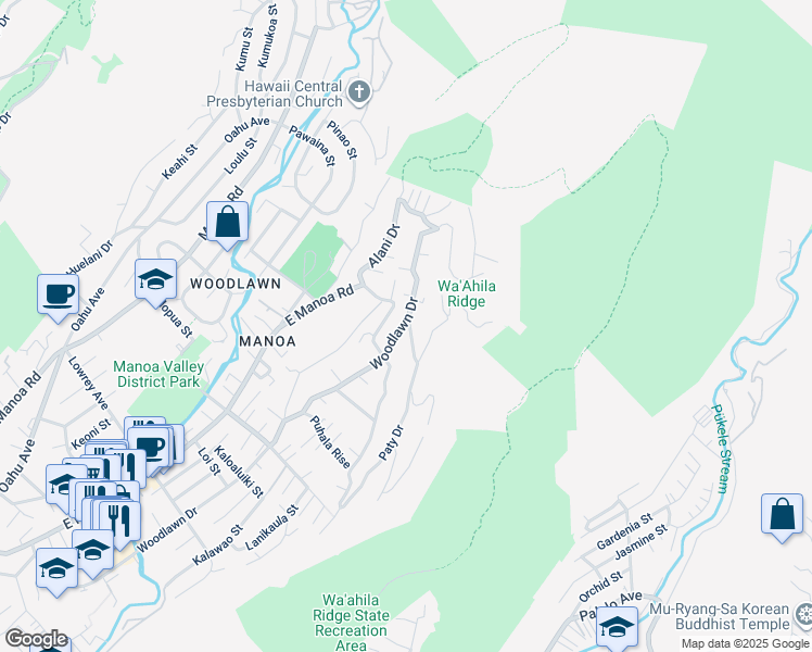 map of restaurants, bars, coffee shops, grocery stores, and more near 3449 Woodlawn Drive in Honolulu