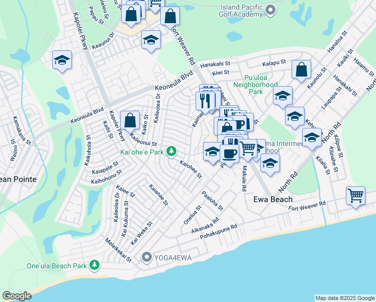 map of restaurants, bars, coffee shops, grocery stores, and more near 91-1108 Kaimalie Street in Ewa Beach