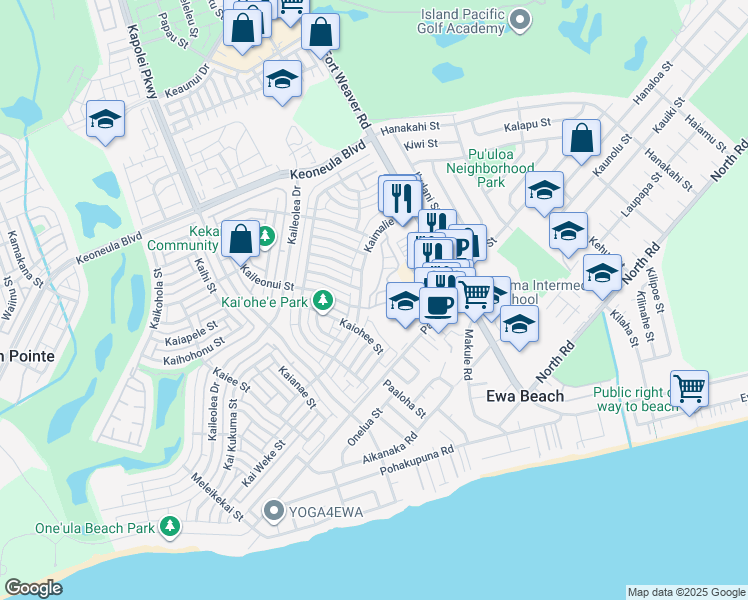 map of restaurants, bars, coffee shops, grocery stores, and more near 91-1093 Kaimalie Street in Ewa Beach