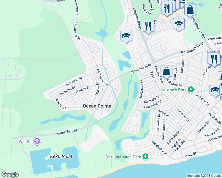 map of restaurants, bars, coffee shops, grocery stores, and more near 1003 Keoneula Boulevard in Ewa Beach