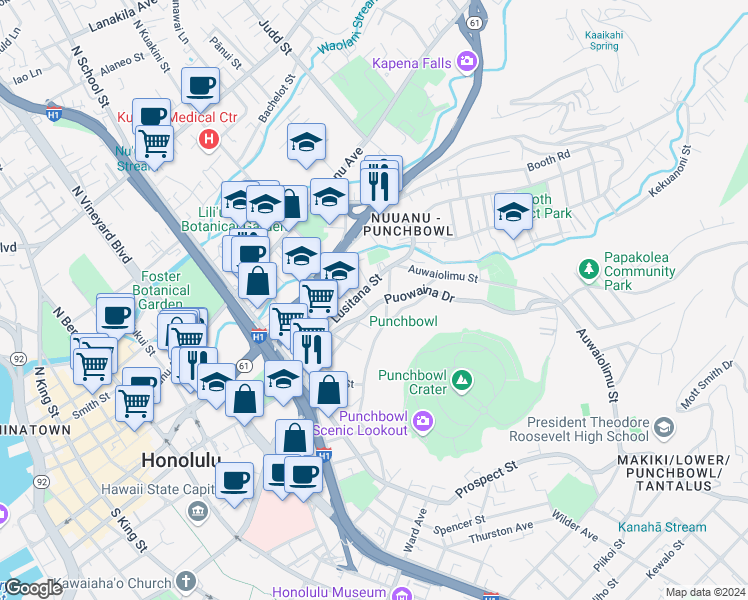 map of restaurants, bars, coffee shops, grocery stores, and more near 233 San Antonio Avenue in Honolulu