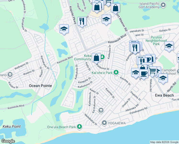 map of restaurants, bars, coffee shops, grocery stores, and more near 91-1002 Kaiamaloo Street in Ewa Beach