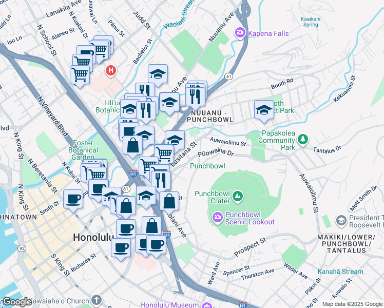 map of restaurants, bars, coffee shops, grocery stores, and more near 1812 Puowaina Drive in Honolulu