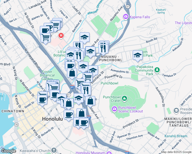 map of restaurants, bars, coffee shops, grocery stores, and more near 135 South Kuakini Street in Honolulu