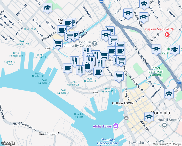 map of restaurants, bars, coffee shops, grocery stores, and more near 680 Iwilei Road in Honolulu