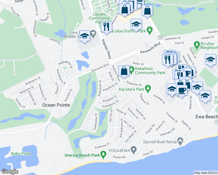 map of restaurants, bars, coffee shops, grocery stores, and more near 91-1062 Kekaiholo Street in Ewa Beach