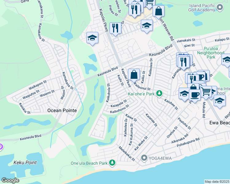 map of restaurants, bars, coffee shops, grocery stores, and more near 91-1070 Kekaiholo Street in Ewa Beach