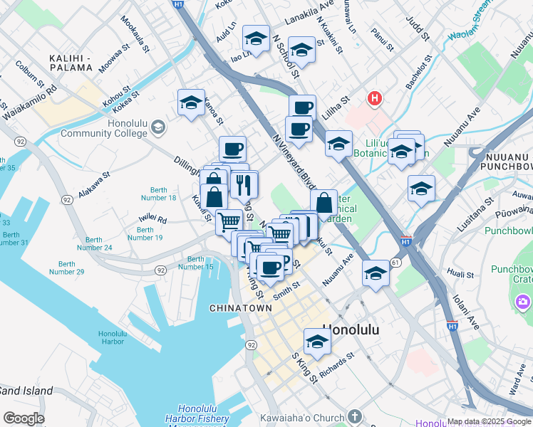 map of restaurants, bars, coffee shops, grocery stores, and more near 350 North Beretania Street in Honolulu