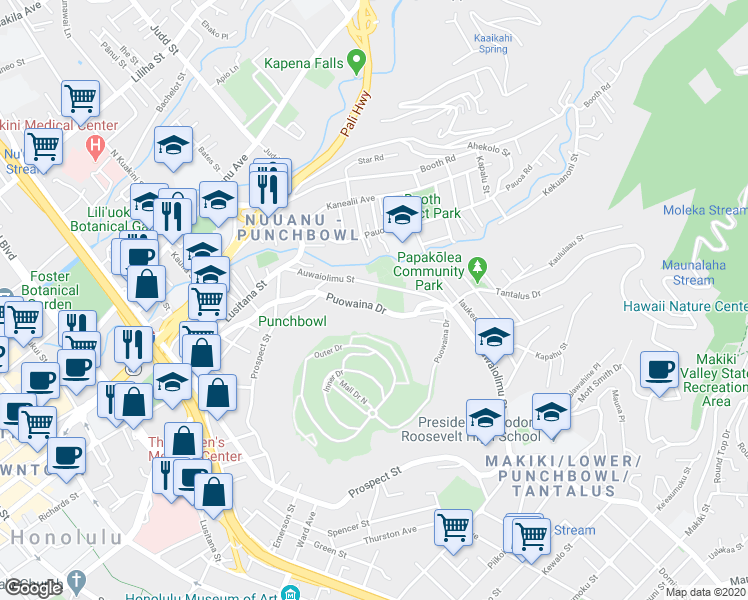 map of restaurants, bars, coffee shops, grocery stores, and more near 1986A Puowaina Drive in Honolulu
