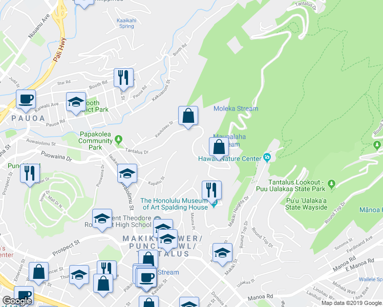 map of restaurants, bars, coffee shops, grocery stores, and more near 2507 Tantalus Drive in Honolulu