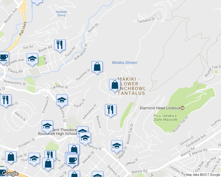 map of restaurants, bars, coffee shops, grocery stores, and more near 2646 Aaliamanu Place in Honolulu