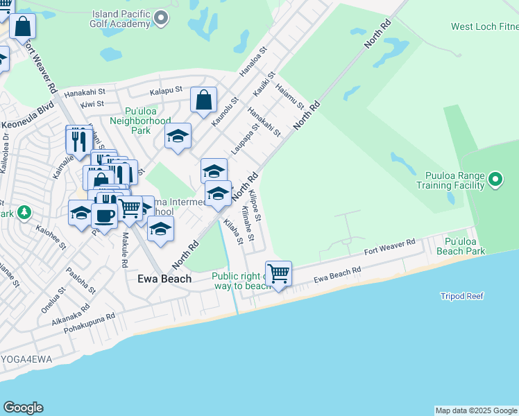 map of restaurants, bars, coffee shops, grocery stores, and more near 91-739 Kilipoe Street in Ewa Beach