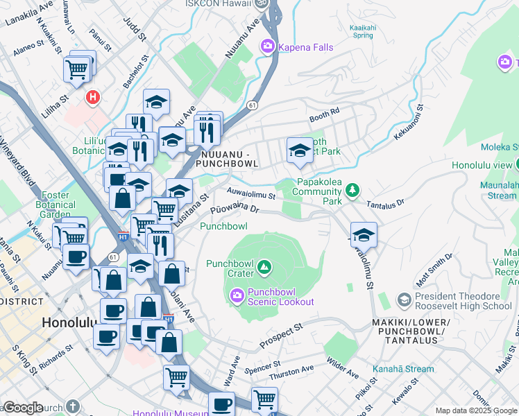 map of restaurants, bars, coffee shops, grocery stores, and more near 1936 Puowaina Drive in Honolulu