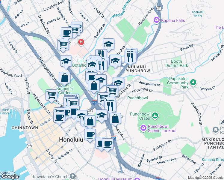 map of restaurants, bars, coffee shops, grocery stores, and more near 1741 Pali Highway in Honolulu