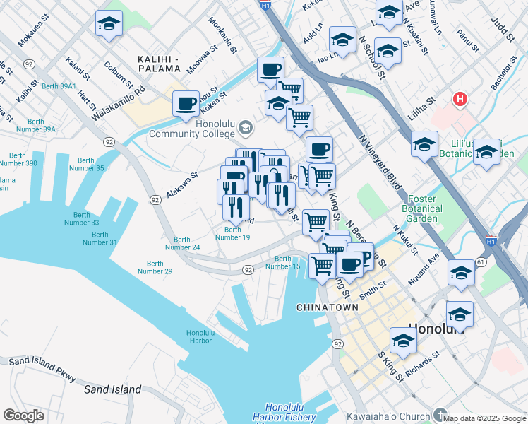 map of restaurants, bars, coffee shops, grocery stores, and more near 501 Sumner Street in Honolulu