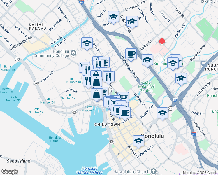 map of restaurants, bars, coffee shops, grocery stores, and more near 405 North King Street in Honolulu