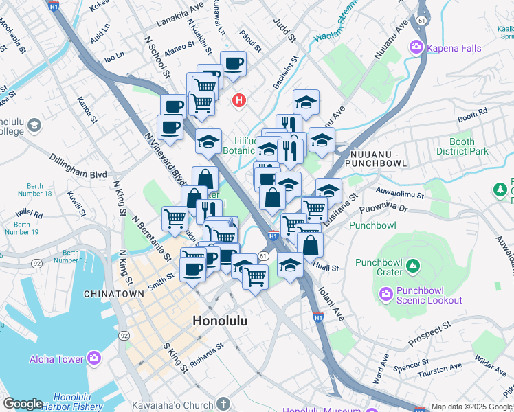 map of restaurants, bars, coffee shops, grocery stores, and more near 1 North School Street in Honolulu