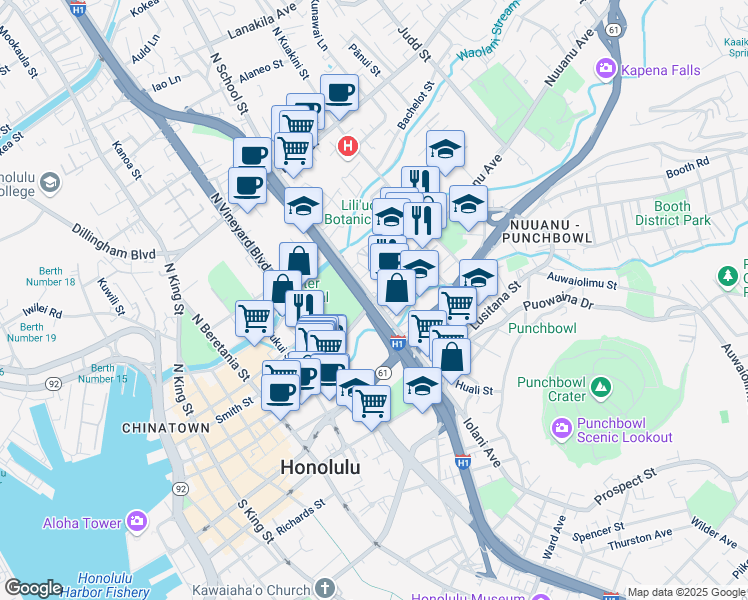 map of restaurants, bars, coffee shops, grocery stores, and more near 2 North School Street in Honolulu