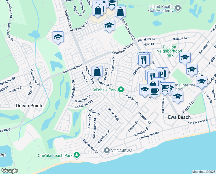 map of restaurants, bars, coffee shops, grocery stores, and more near 91-1116 Kaileolea Drive in Ewa Beach